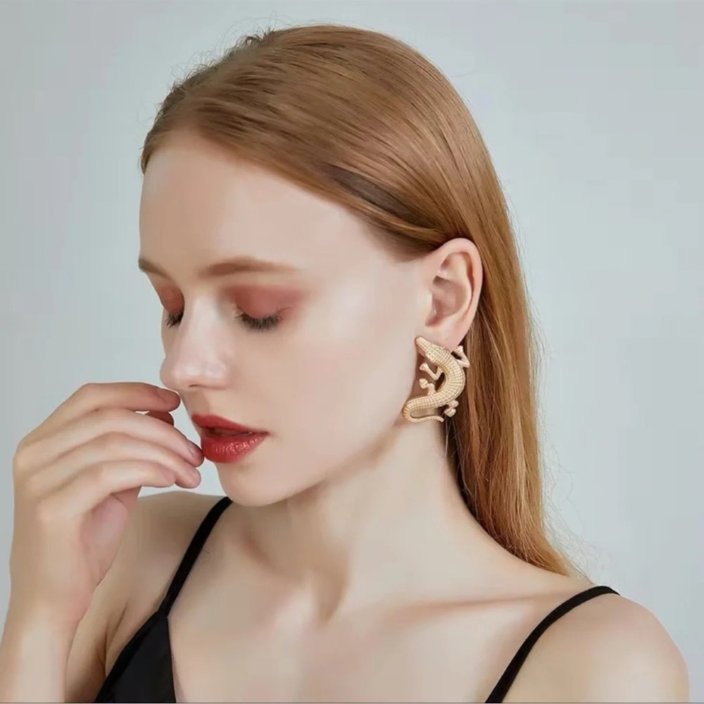 Alligator Gold Textured Statement Earrings - Picture 10 of 15